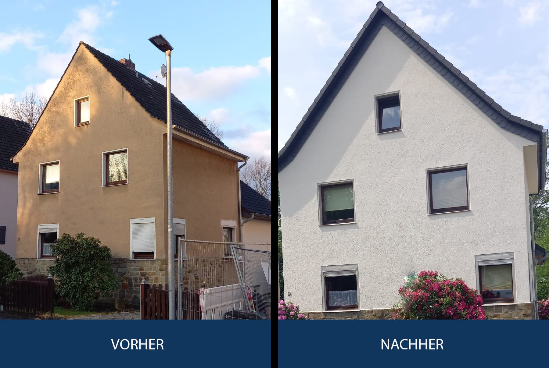 Vorher-Nachher-Vergleich einer Hausfassade: links verwitterter beiger Putz, rechts frisch gestrichene weiße Fassade